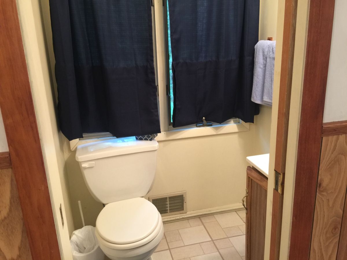 A bathroom with blue curtains and white toilet.