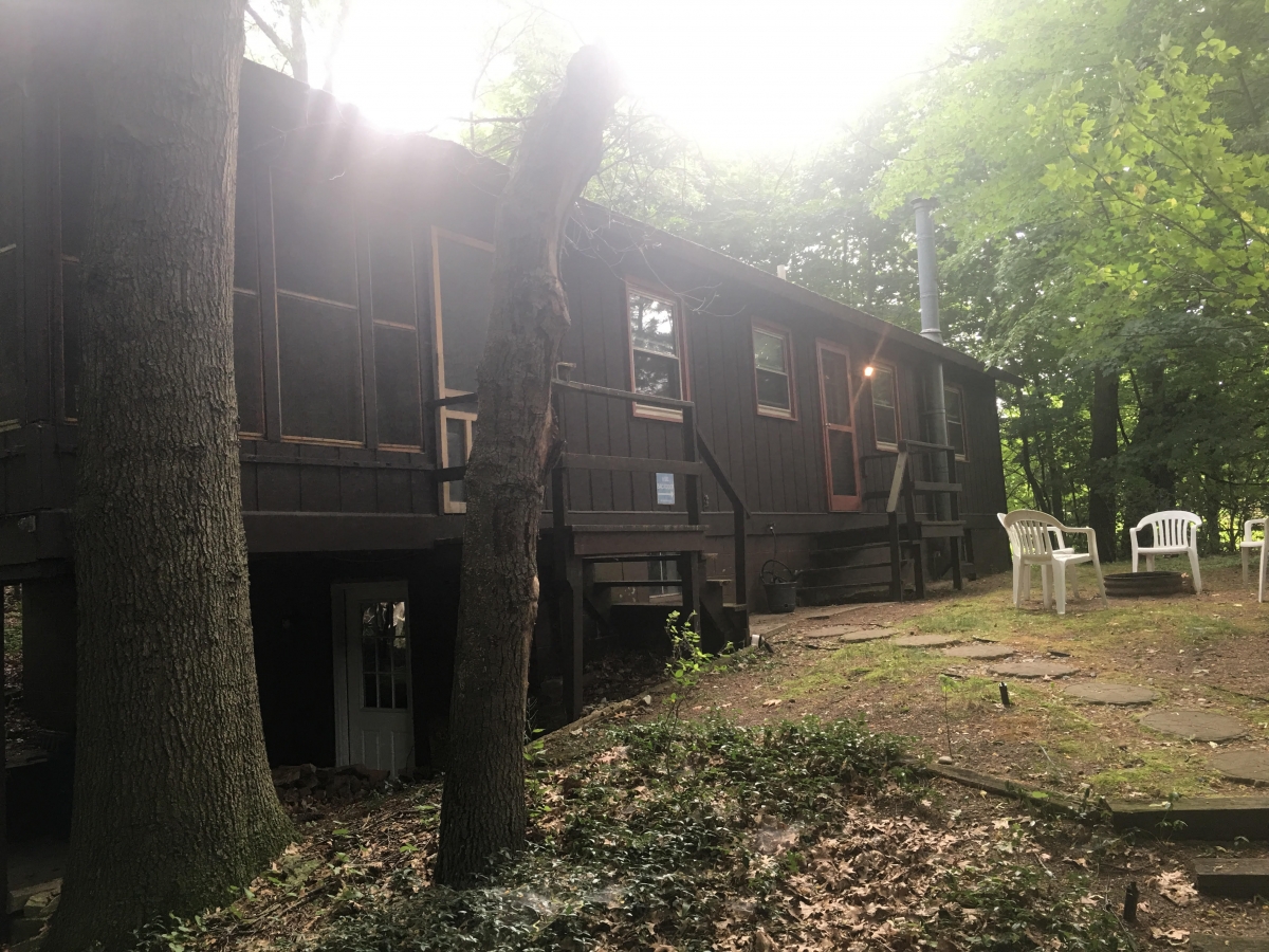 A house with trees and chairs in the background.