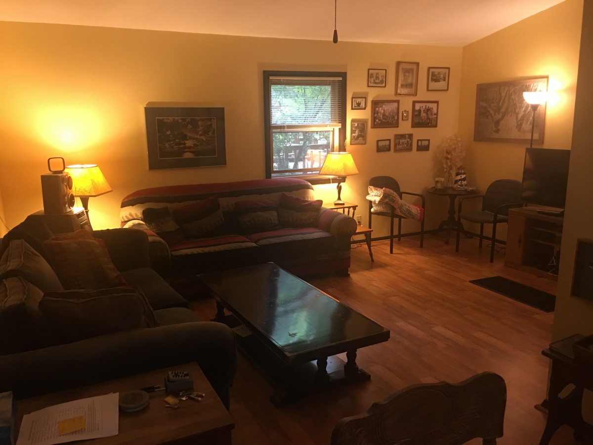 A living room with couches, tables and lamps.