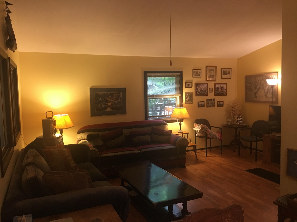 A living room with couches and lamps on the wall