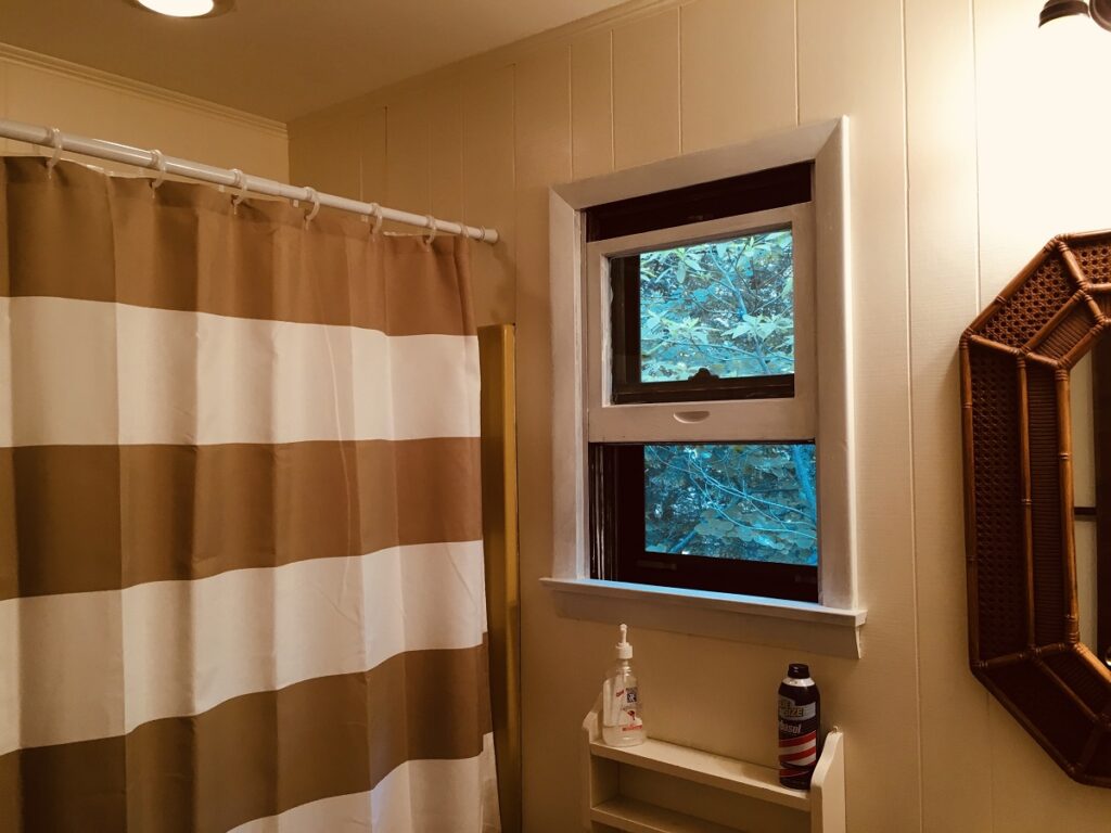 A bathroom with a shower, toilet and window.