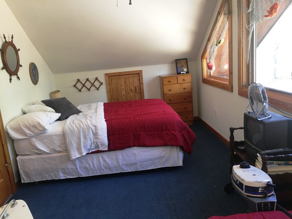 A bedroom with a bed, tv and dresser.