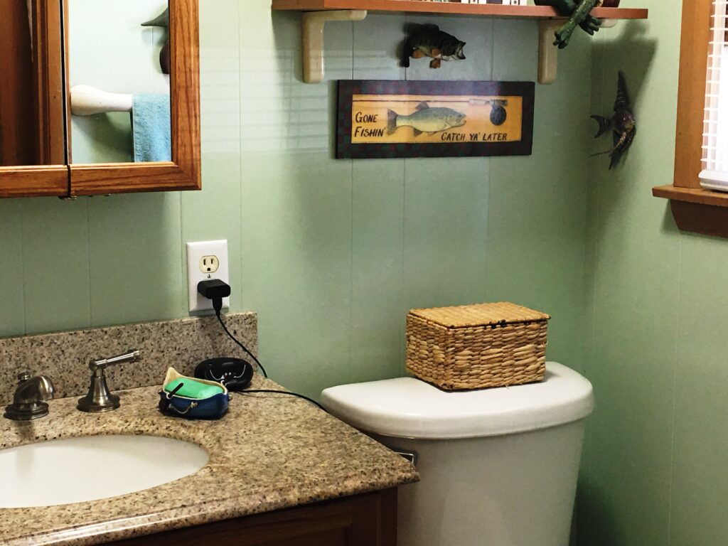 A bathroom with green walls and a brown counter.