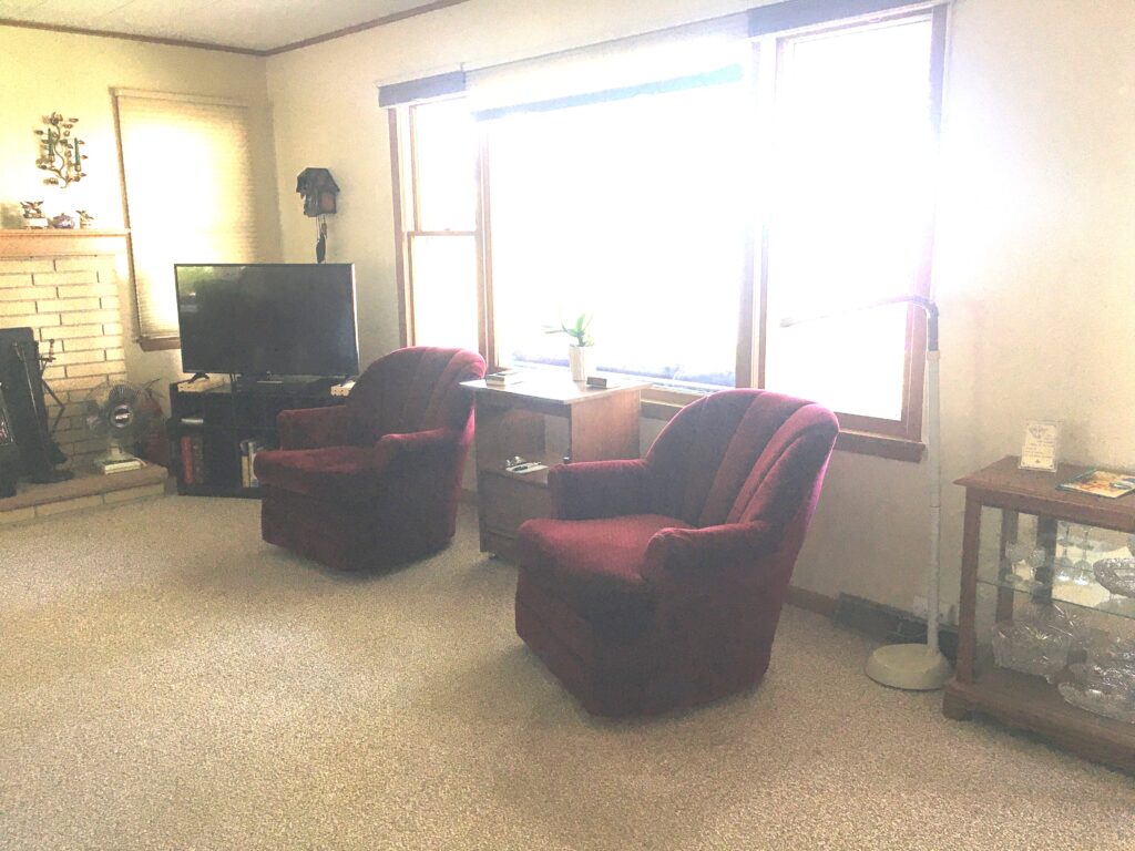 A living room with two chairs and a television.