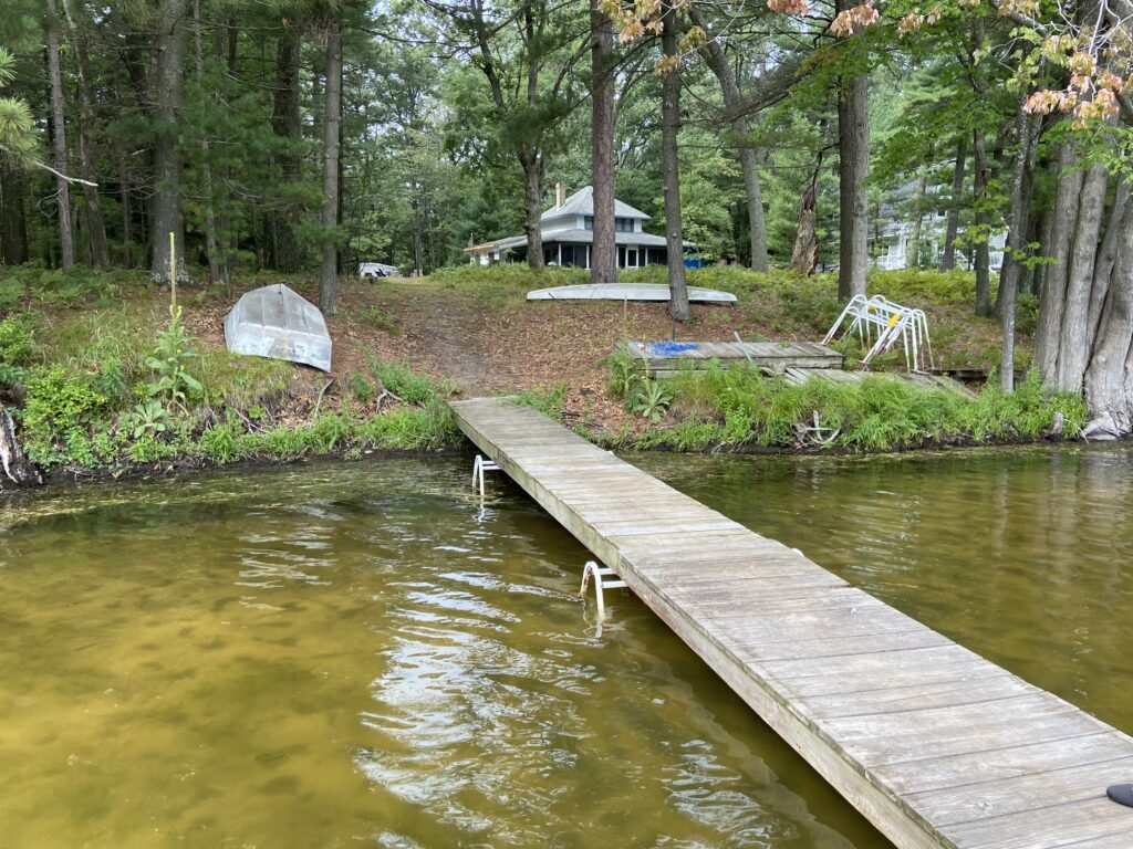 A wooden dock in the middle of a lake.