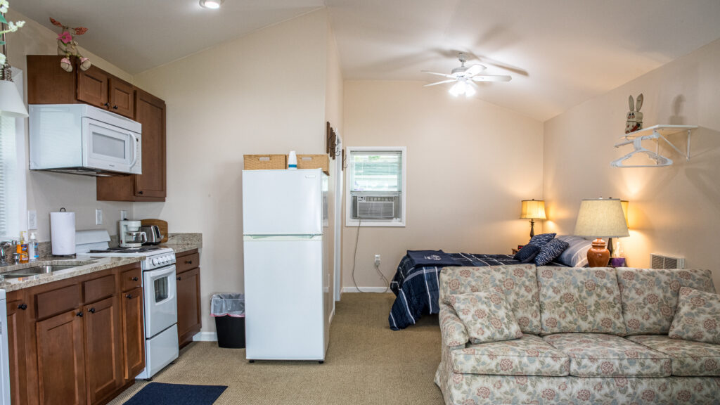 A living room with a couch, refrigerator and a bed.