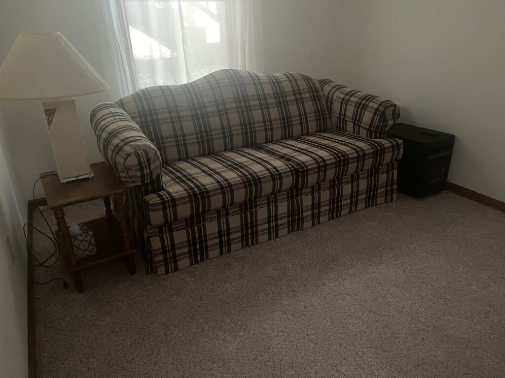 A couch in the middle of a room with a window.