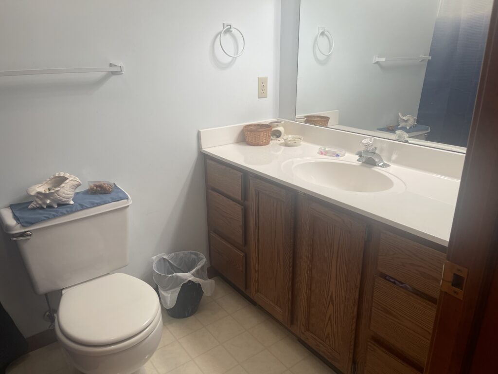 A bathroom with a toilet, sink and mirror.